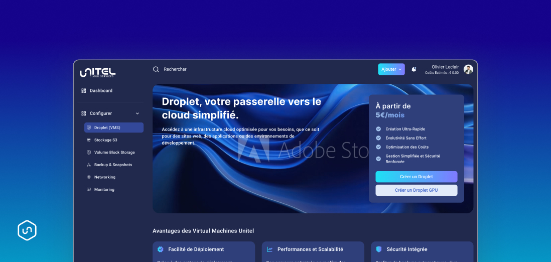 gradient blue background with unitel logo on the left with a dashboard Unitel user page