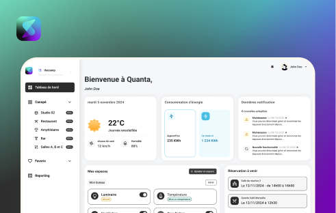 gradient background with a logo and the dahsboard page