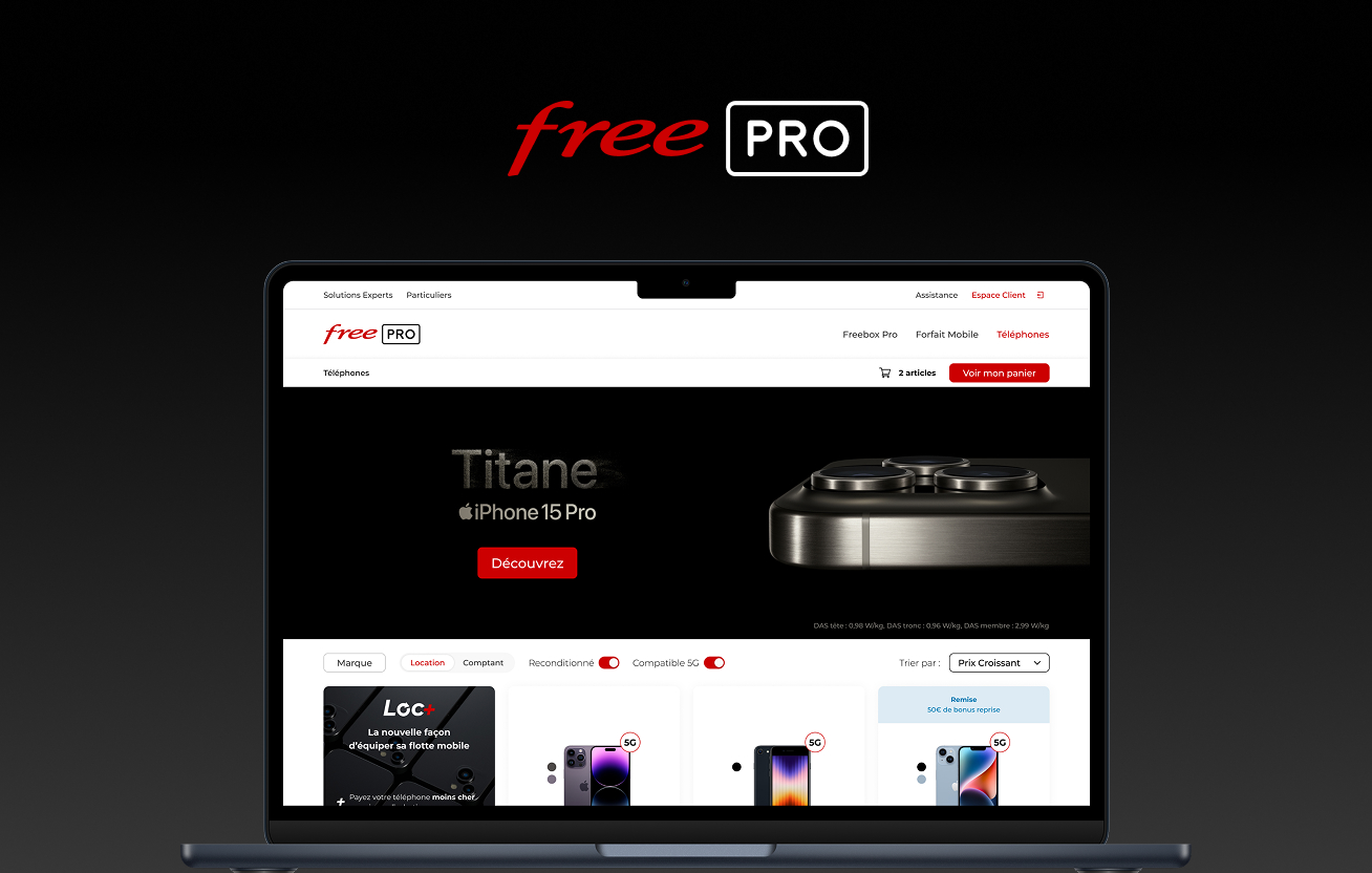 black background with a Free Pro logo and a macbook air with the free pro phone website page on the screen