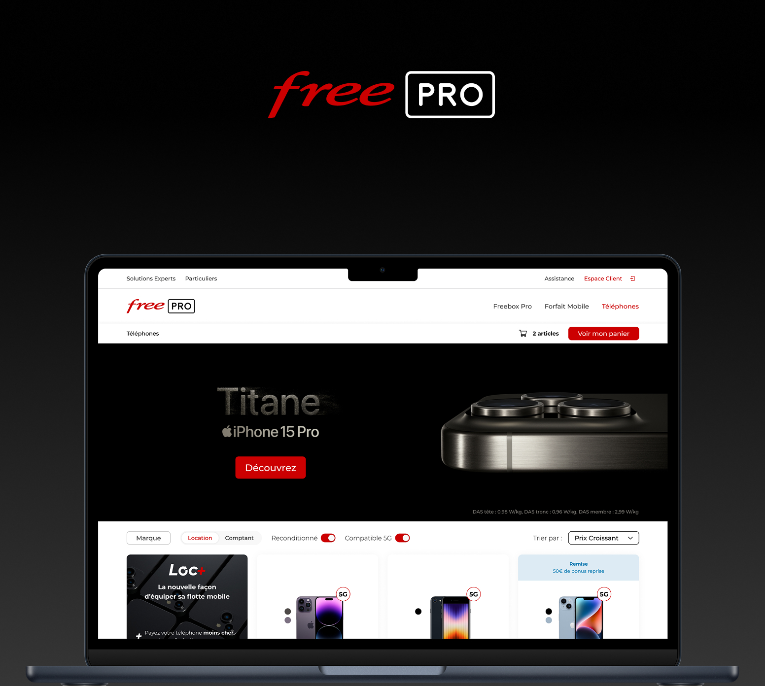 black background with a Free Pro logo and a macbook air with the free pro phone website page on the screen